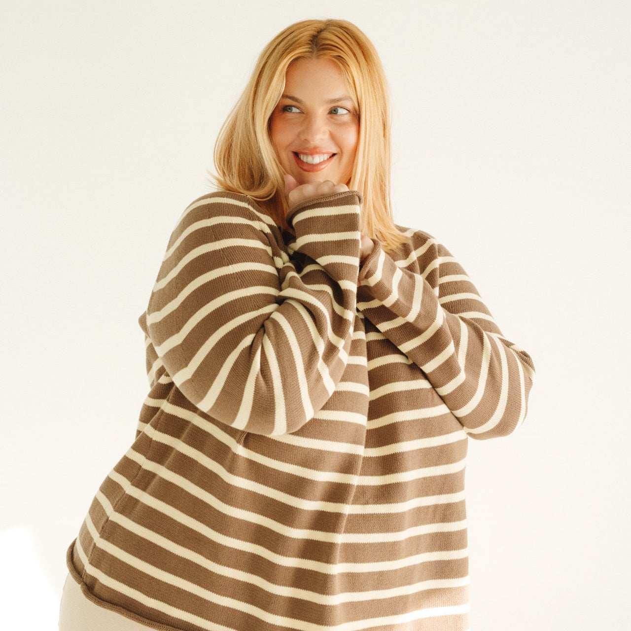 Women's Organic Cotton Roll Neck Knit - Chocolate Stripe
