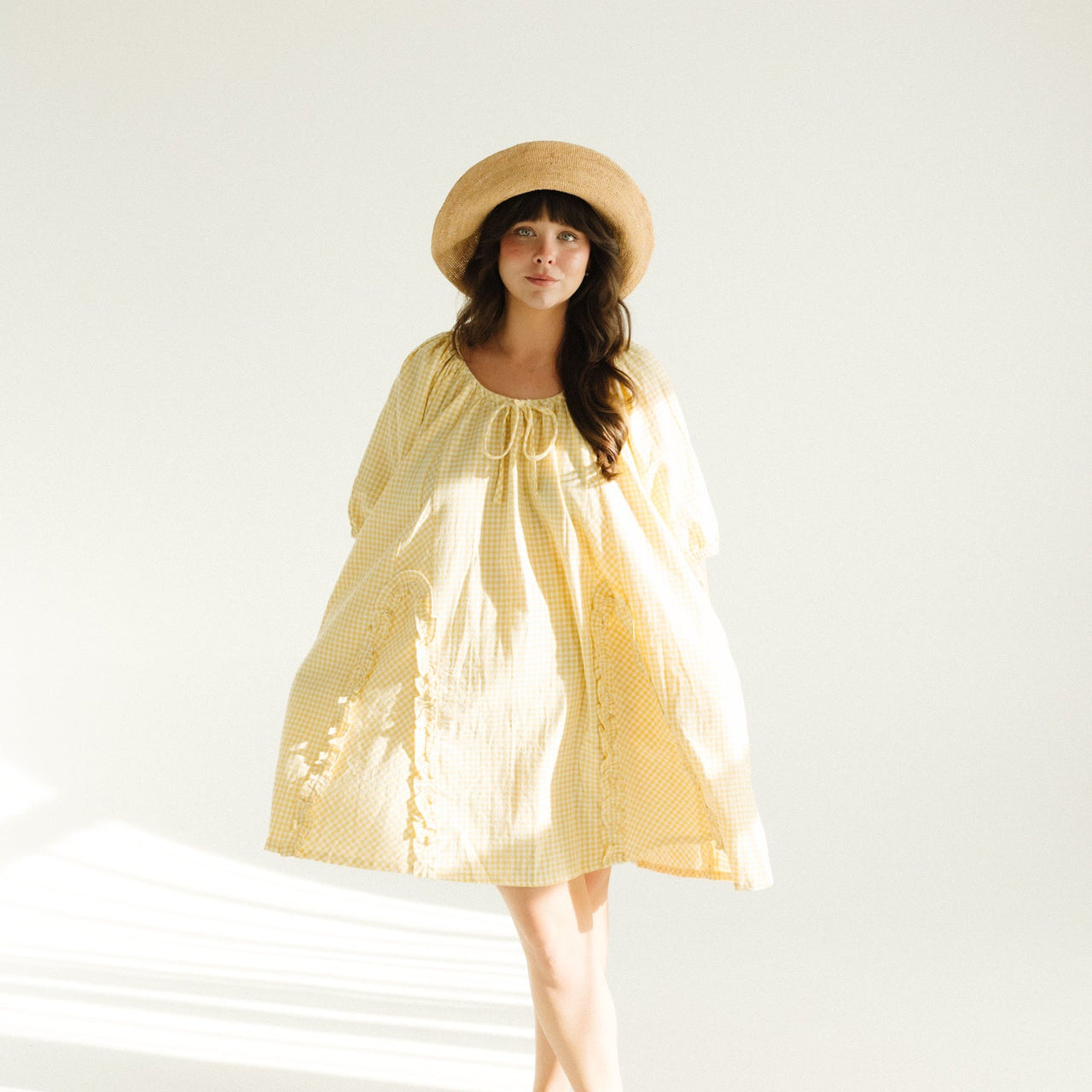 Womens Ruffle Mini Dress - Yellow Gingham