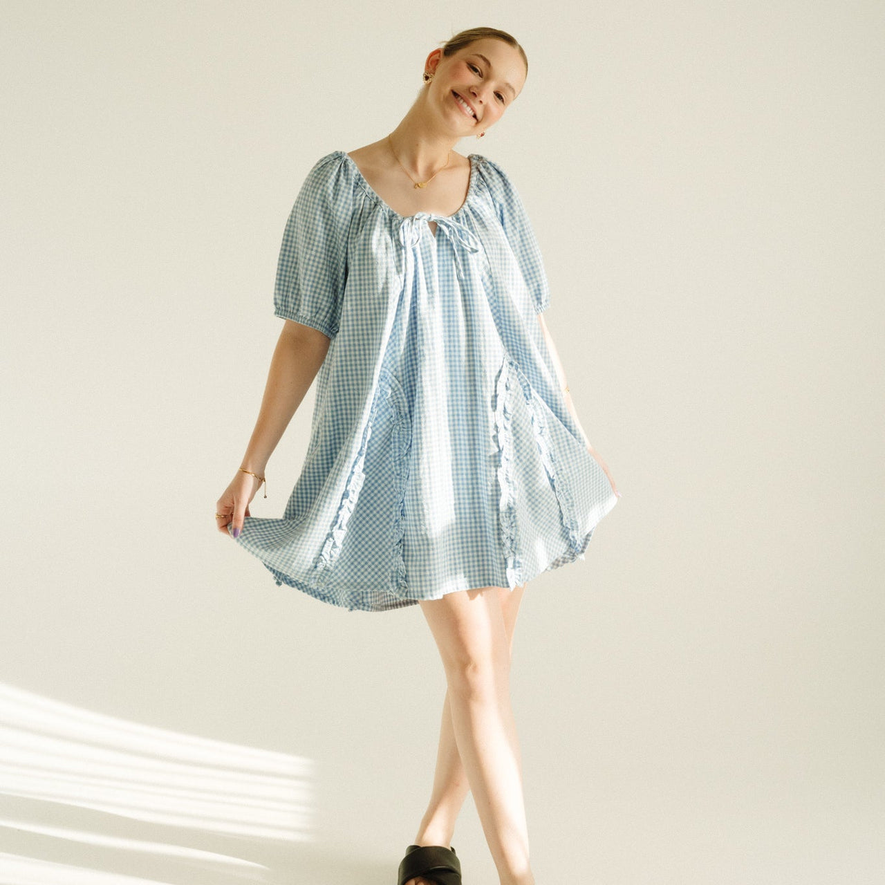Womens Ruffle Mini Dress - Blue Gingham