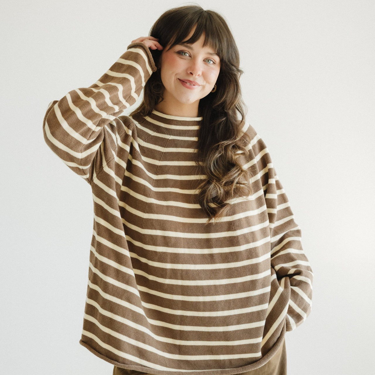 Women's Organic Cotton Roll Neck Knit - Chocolate Stripe
