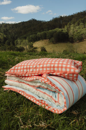 Red Check Stripe Organic Washed Cotton Quilt Cover Set
