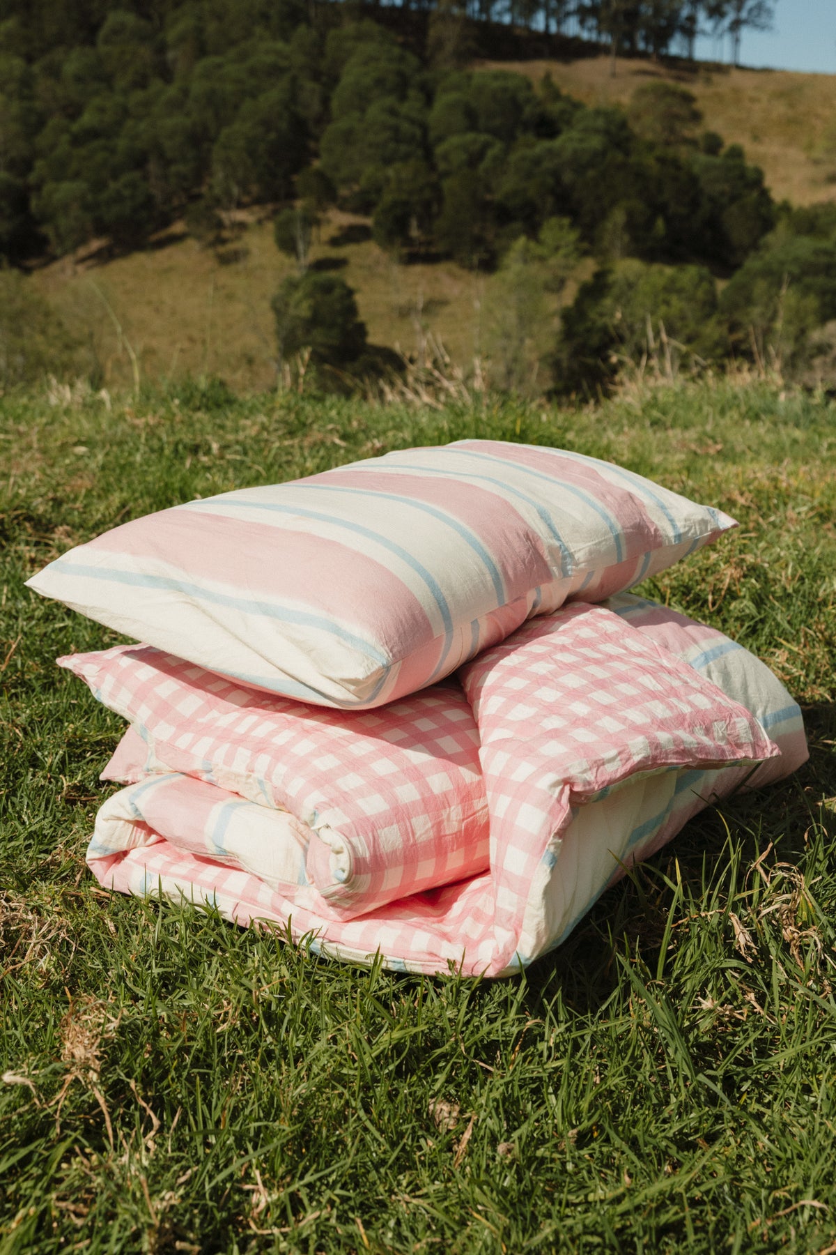 Pink Check Stripe Organic Washed Cotton Quilt Cover Set