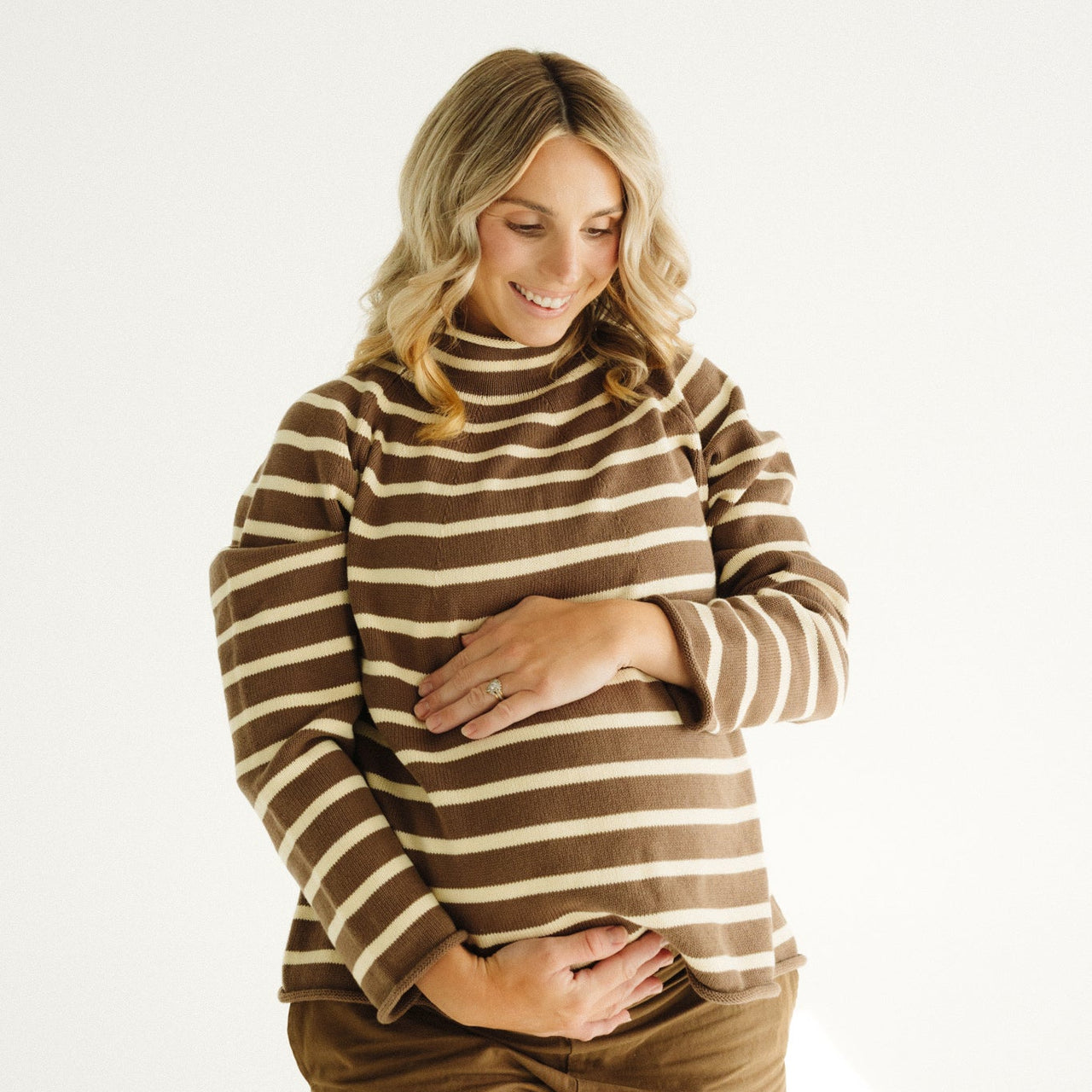 Women's Organic Cotton Roll Neck Knit - Chocolate Stripe